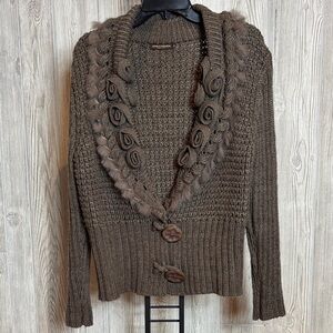 John Fashion Vintage Style Boho Rose Bud Faux Fur Brown Cardigan Sweater Size XL